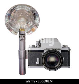 Vintage fifties analog photo camera with large flash isolated on a white background Stock Photo
