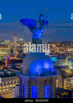 The Liver Bird illuminated at night atop the Royal Liver Building overlooking Liverpool waterfront and the Pier Head, Merseyside, England. Stock Photo