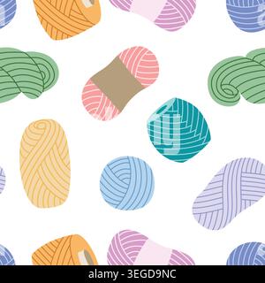 Seamless knitting thread pattern. White background with colored balls of yarn and thread. Craft print for packaging and design, vector graphics Stock Vector