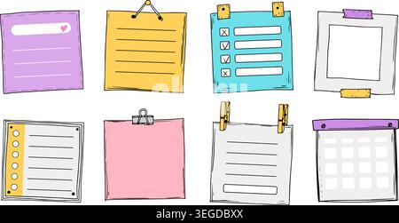 Cartoon planners, notes, blank shedule. Paper sticky list in doodle style. Kid sheet notes. Cute memo banner scrapbook template. Diary frame, notebook Stock Vector
