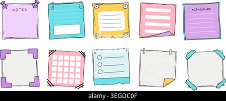 Cartoon planners, notes, blank shedule. Paper sticky list in doodle style. Kid sheet notes. Cute memo banner scrapbook template. Diary frame, notebook Stock Vector