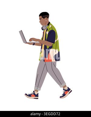 Young man walks side view while using laptop.  Stock Vector