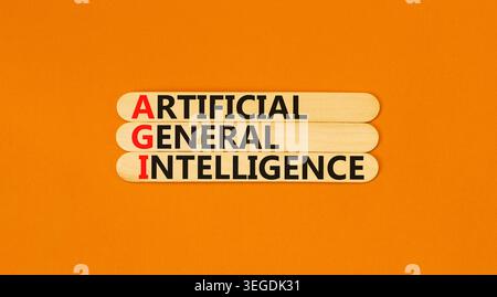 AGI artificial general intelligence symbol. Concept words AGI artificial general intelligence on beautiful wooden sticks. Beautiful orange background. Stock Photo