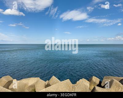 The North Sea horizon with Scarborough sea defences in the foreground. UK Stock Photo