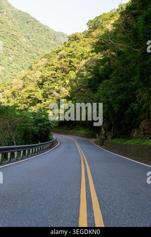 Winding mountain road passing through lush green forest Stock Photo