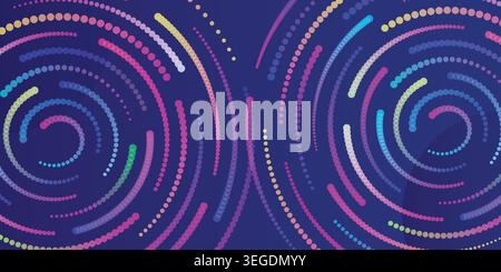 Vibrant colorful spiral pattern on dark blue background with dots and lines Stock Vector