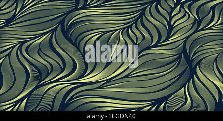 Vibrant green and black abstract leaf pattern with wavy lines and detailed texture Stock Vector
