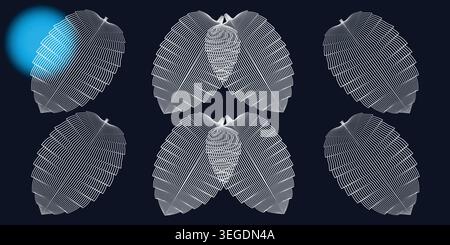 A collection of six white line art leaf illustrations on a dark blue background with a blue glow Stock Vector