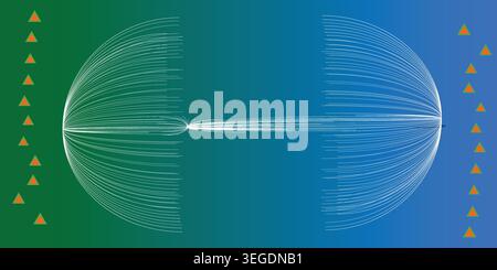 A detailed illustration of white lines on a gradient green and blue background with orange triangles Stock Vector