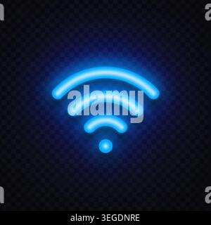 Blue neon WiFi symbol glowing on transparent background. Wireless internet connection icon for network, hotspot, and online communication. Stock Vector