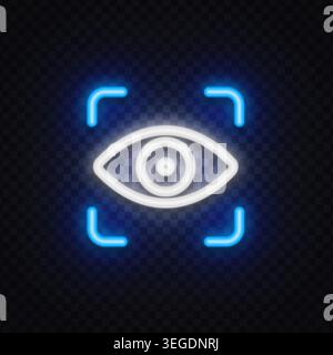 Neon eye recognition icon with scanning frame. Retina detection and facial identification concept for surveillance, privacy, and biometric security. Stock Vector