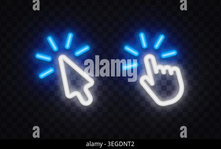 Neon cursor and hand pointer with glowing accents. Click and tap symbol for web interface, button action, and user interaction. Stock Vector