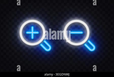 Neon magnifying glass icons with plus and minus signs. Search, zoom in, and zoom out symbols for web browsing and interface controls. Stock Vector