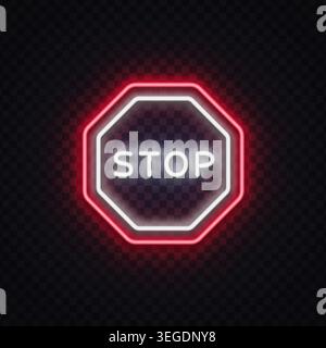 Red neon stop sign with glowing text. Warning and restriction symbol for prohibition, security, and traffic control. Stock Vector