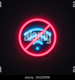 Red neon no WiFi sign with crossed wireless symbol. Internet disconnected icon for offline mode, signal loss, and network problem. Stock Vector