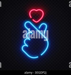 Blue neon finger heart with glowing red love symbol. Korean gesture of affection for romance, dating, and social media. Stock Vector