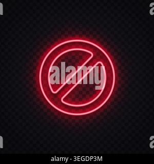 Red neon prohibited symbol on transparent background. Universal ban icon for forbidden action, restriction, and warning. Stock Vector