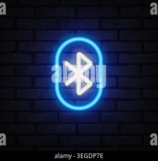 Blue neon Bluetooth icon on dark brick wall. Wireless connection symbol for pairing devices, data transfer, and smart technology. Stock Vector
