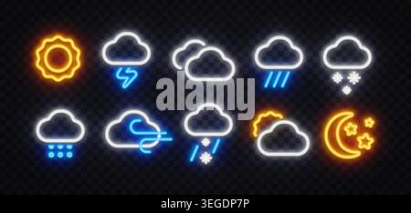 Neon weather icon collection featuring sun, thunderstorm, clouds, rain, snow, wind, and moon. Bright glowing symbols for forecasts, climate apps, and Stock Vector