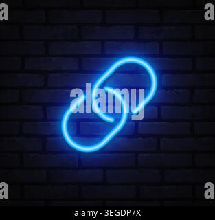 Blue neon chain link icon on dark brick wall. Hyperlink and connection symbol for website navigation, SEO, and digital networking. Stock Vector