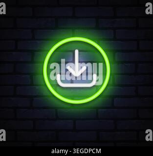 Green neon download icon in glowing circle. File saving and cloud transfer symbol for receiving data and software installation. Stock Vector