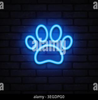 Bright neon paw print icon on brick wall. Pet care and animal footprint symbol for veterinary, adoption, and dog services. Stock Vector