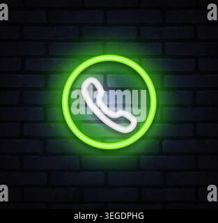 Green neon phone receiver icon in glowing circle. Contact and customer support symbol for hotline, communication, and business service. Stock Vector