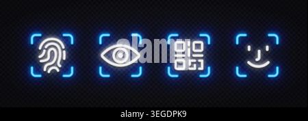 Neon biometric authentication icons with fingerprint, eye scan, QR code, and face recognition. Futuristic glowing symbols for identity verification Stock Vector