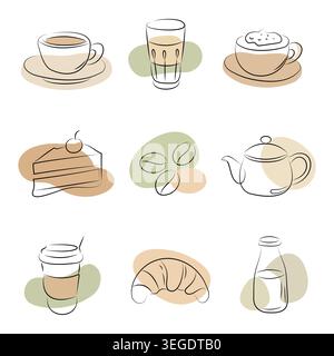Cafe essentials set minimalist line art in pastel hues collection,isolated background Stock Vector