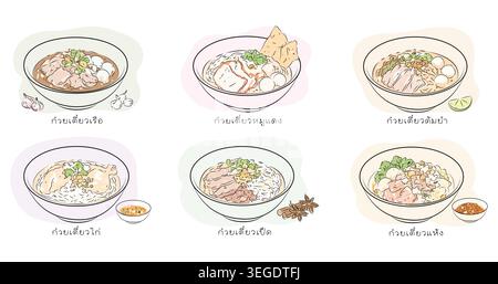 Thai noodle dish illustrations chart minimalist line art in pastel hues collection isolated background Stock Vector
