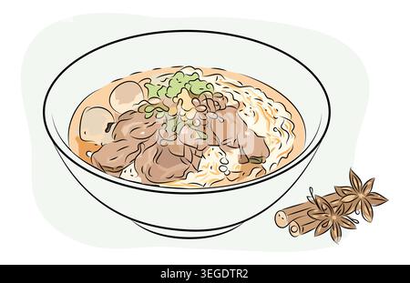 Braised Beef Noodles minimalist line art in pastel hues isolated background Stock Vector