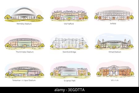 Iconic English football stadiums minimalist line art in pastel hues collection,isolated background Stock Vector