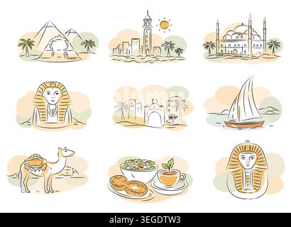 Cairo city Egypt iconic landmarks minimalist line art in pastel hues collection,isolated background Stock Vector