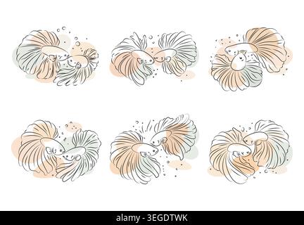 Siamese fighting fish minimalist line art in pastel hues collection,hand drawing isolated background Stock Vector