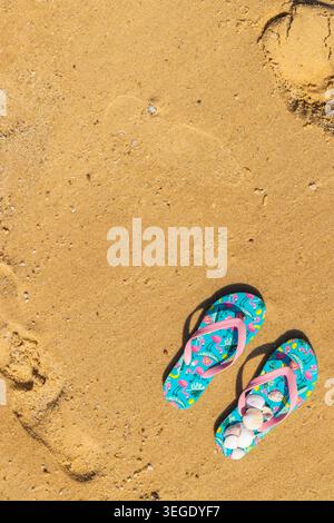 flip flops with seashells on the beach Stock Photo