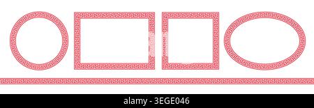 Chinese pattern. Greek frame, seamless stripes. Greece circle, oval, ellipse, rectangle, square. Roman border isolated on white background. Round Stock Vector