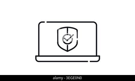 Laptop security and data protection icon: portable notebook computer with protection shield, minimalist black line art vector illustration. Stock Vector