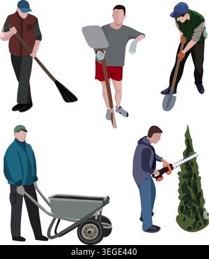 Vector isolated illustration of a set of people doing yard work. Stock Vector