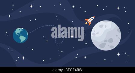 Flight to the Moon. Space rocket flying from small Earth in the background to large Moon in the foreground, vector illustration in flat style Stock Vector