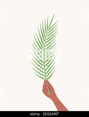 Brown skin tone hand holding up a palm branch, flat vector illustration Stock Vector