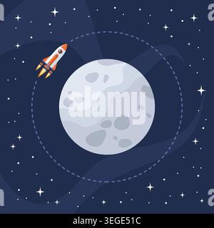 Space rocket flying around the Moon on the background of the starry universe, flat vector illustration Stock Vector