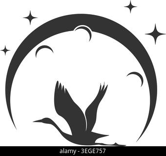 Elegant swan silhouette beneath glowing crescent moon Stock Vector