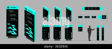Modern pylon signage mockup set. Isometric totem signboard design corporate identity navigation template. Mall exterior directional wayfinding tower p Stock Vector