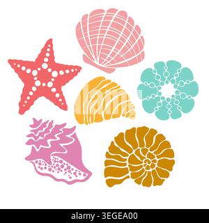 Hand drawn marine set in boho style with shells, corals and starfish on white background with soft pink, green, blue and yellow ornate decorative elem Stock Vector