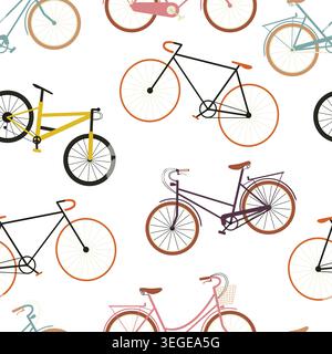 Bicycles seamless pattern. Road, mountain and city bikes in flat vector style. Printable design for sport and festival merch. Stock Vector
