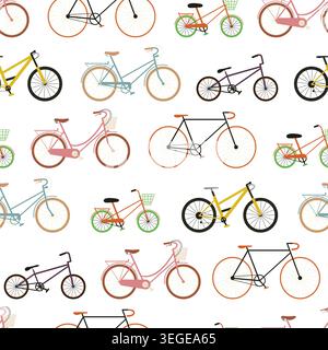 Bicycles seamless pattern ride in a row. Road, mountain and city bikes in flat vector style. Printable design for sport and festival merch. Stock Vector