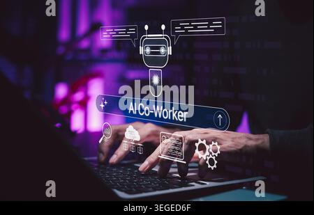 AI co-worker assistant and workplace automation concept. Person using laptop with chatbot, prompt bar, cloud, analytics, coding and gear icons. Stock Photo