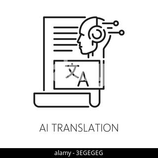 AI translation technology icon with document, human head with data nodes and language characters representing machine translation, artificial intelligence processing and multilingual communication Stock Vector