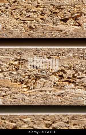 Chipboard in a stack, rough edges of chipboard with pressed fibers and natural wood texture with clear details. Stock Photo