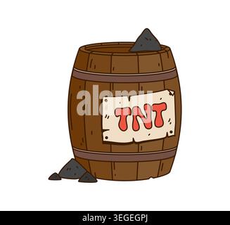 Cartoon pirate TNT powder barrel illustration featuring wooden keg with metal rings, worn parchment label and dark gunpowder chunks. Fun groovy barrel icon for pirate party decoration Stock Vector